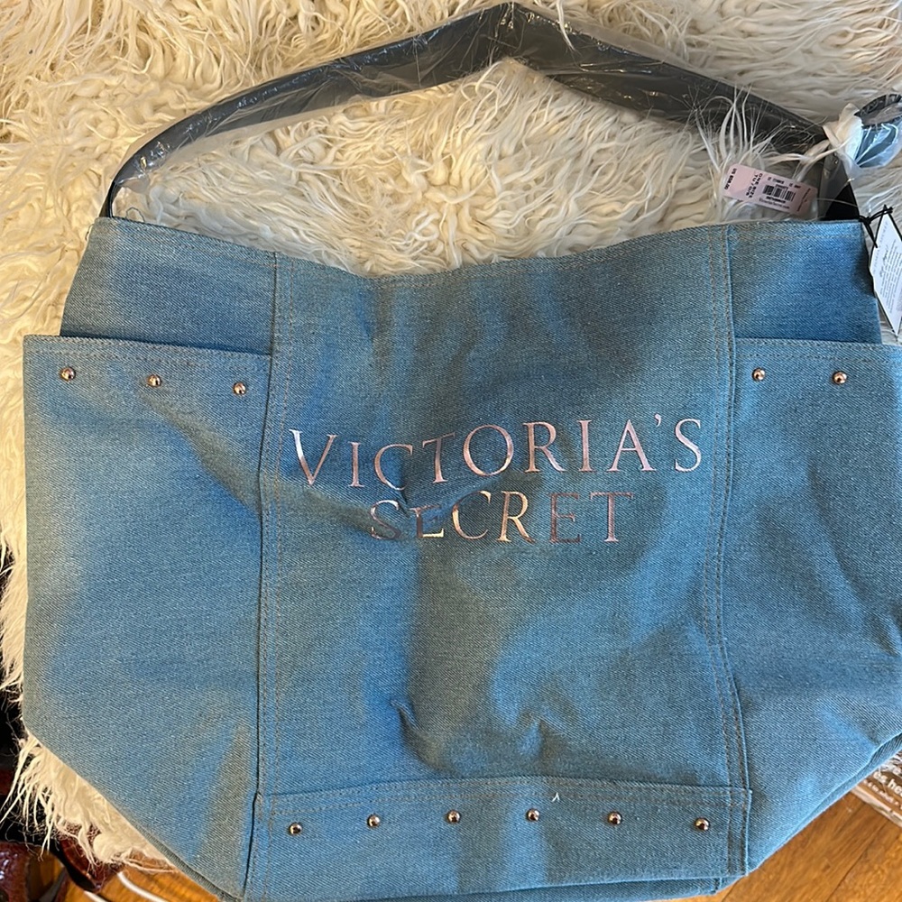 NWT Victoria’s Secret bag with rose gold studs and pink foil writing